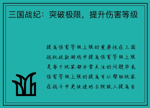 三国战纪：突破极限，提升伤害等级