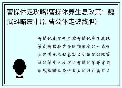 曹操休走攻略(曹操休养生息政策：魏武雄略震中原 曹公休走破敌胆)
