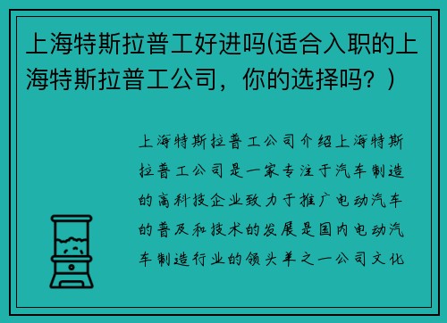 上海特斯拉普工好进吗(适合入职的上海特斯拉普工公司，你的选择吗？)